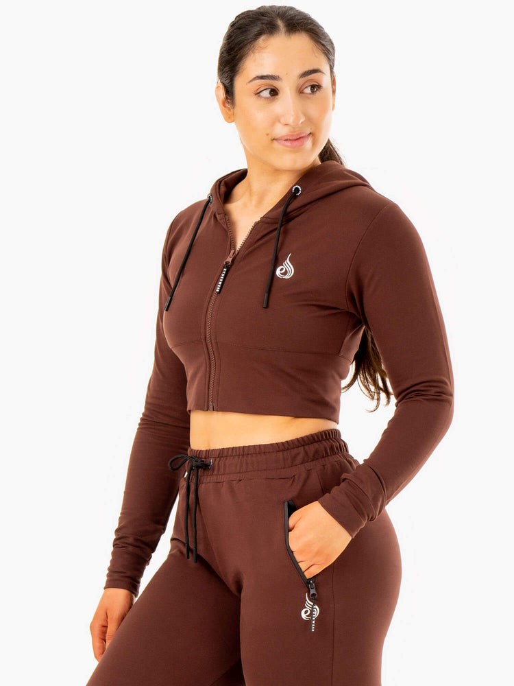 Ryderwear Luxe Cropped Zip Hoodie Czekolada | SXDNKP143