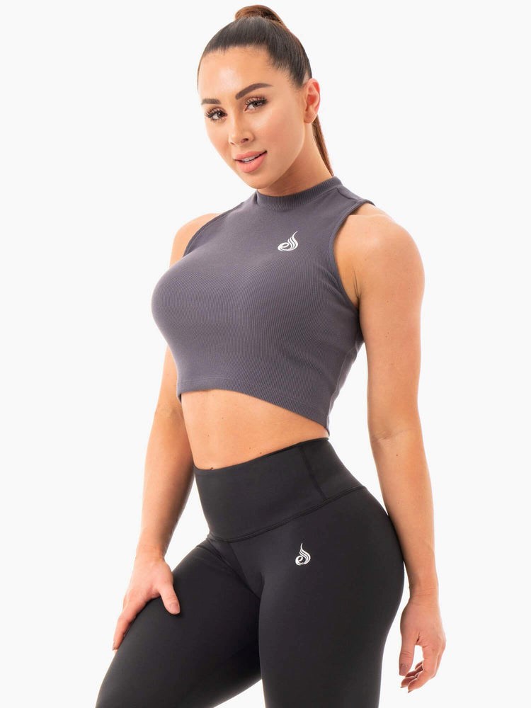 Ryderwear Żebrowany Crop Tank Charcoal | VWEXZJ059