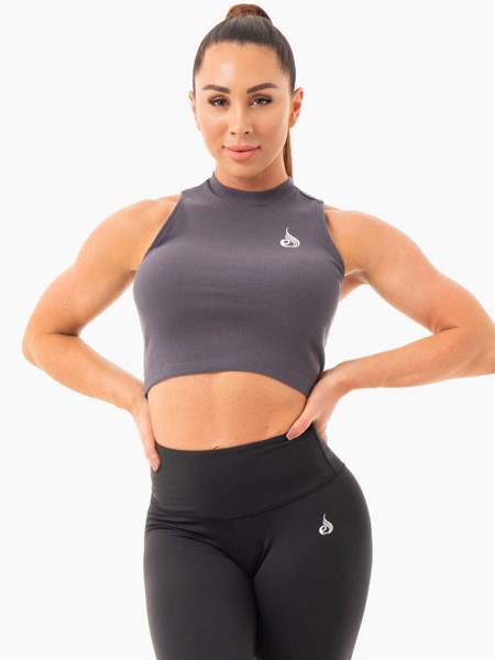 Ryderwear Żebrowany Crop Tank Charcoal | VWEXZJ059